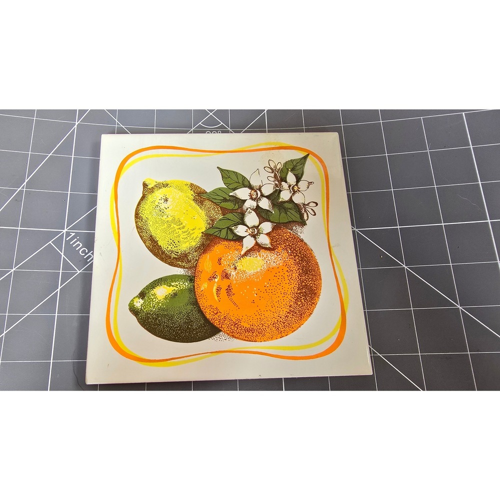 Vintage Screen Craft Citrus Ceramic Tile Trivet Cork Back Orange Lemon Lime 6x6